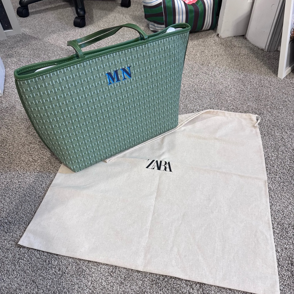 Zara Green Patterned Tote Bag